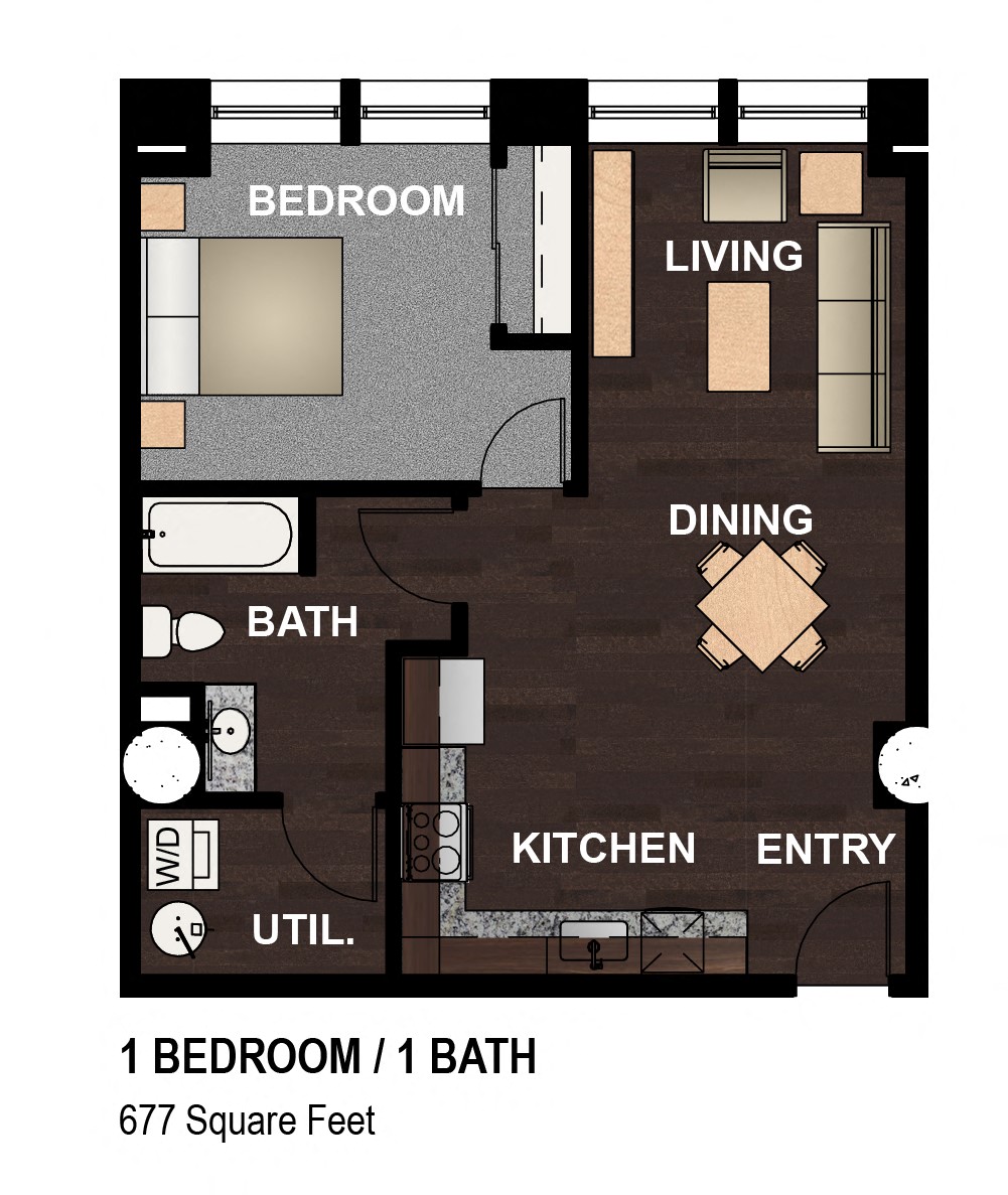 Floor plan for 1 bed, 1 bath, 677 sqft